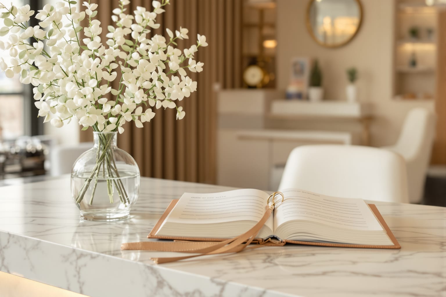 A calm salon front desk with a phone showing an online booking screen in soft Miami daylight