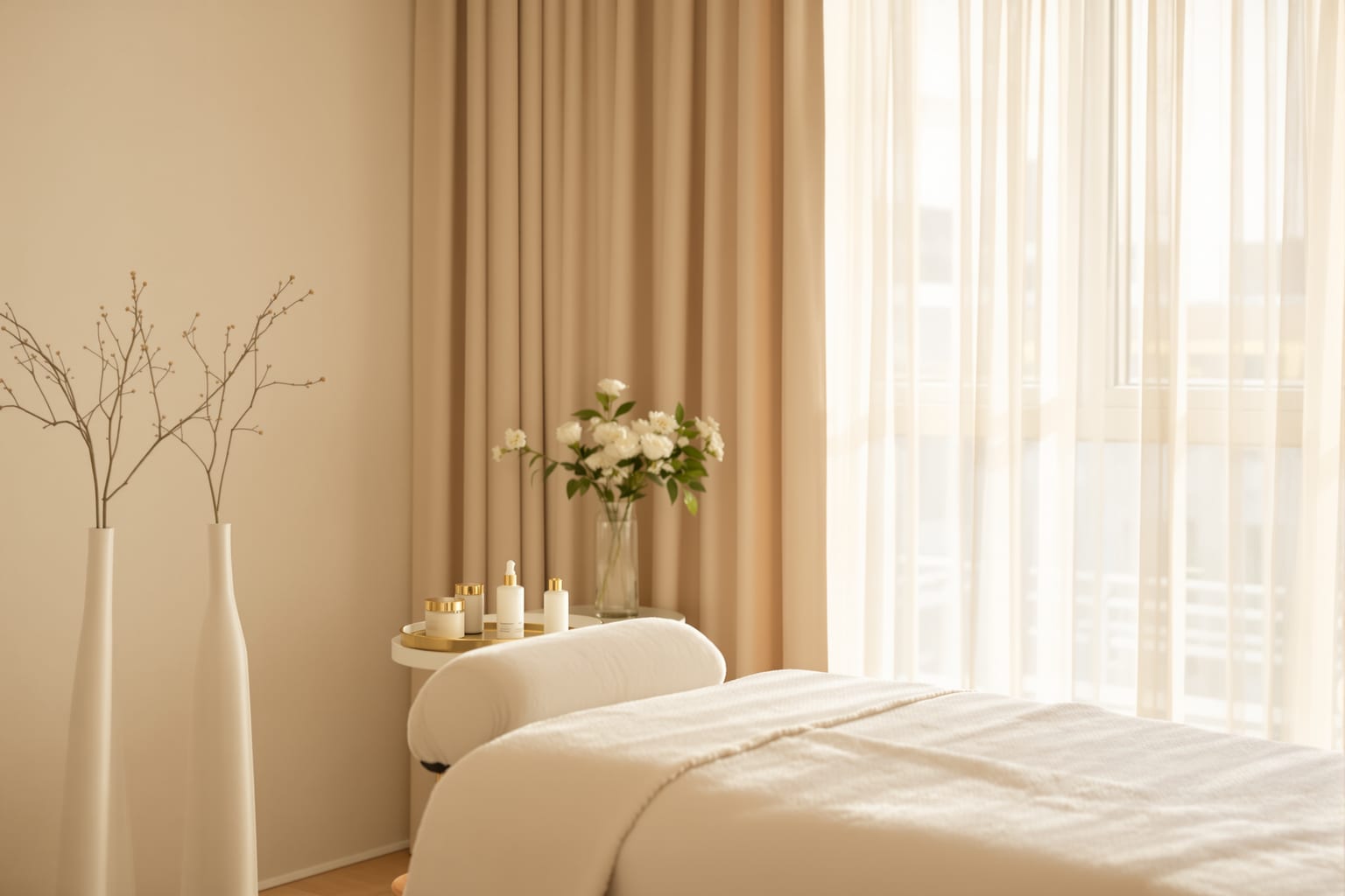 Una sala de tratamiento de med spa junto a una ventana iluminada