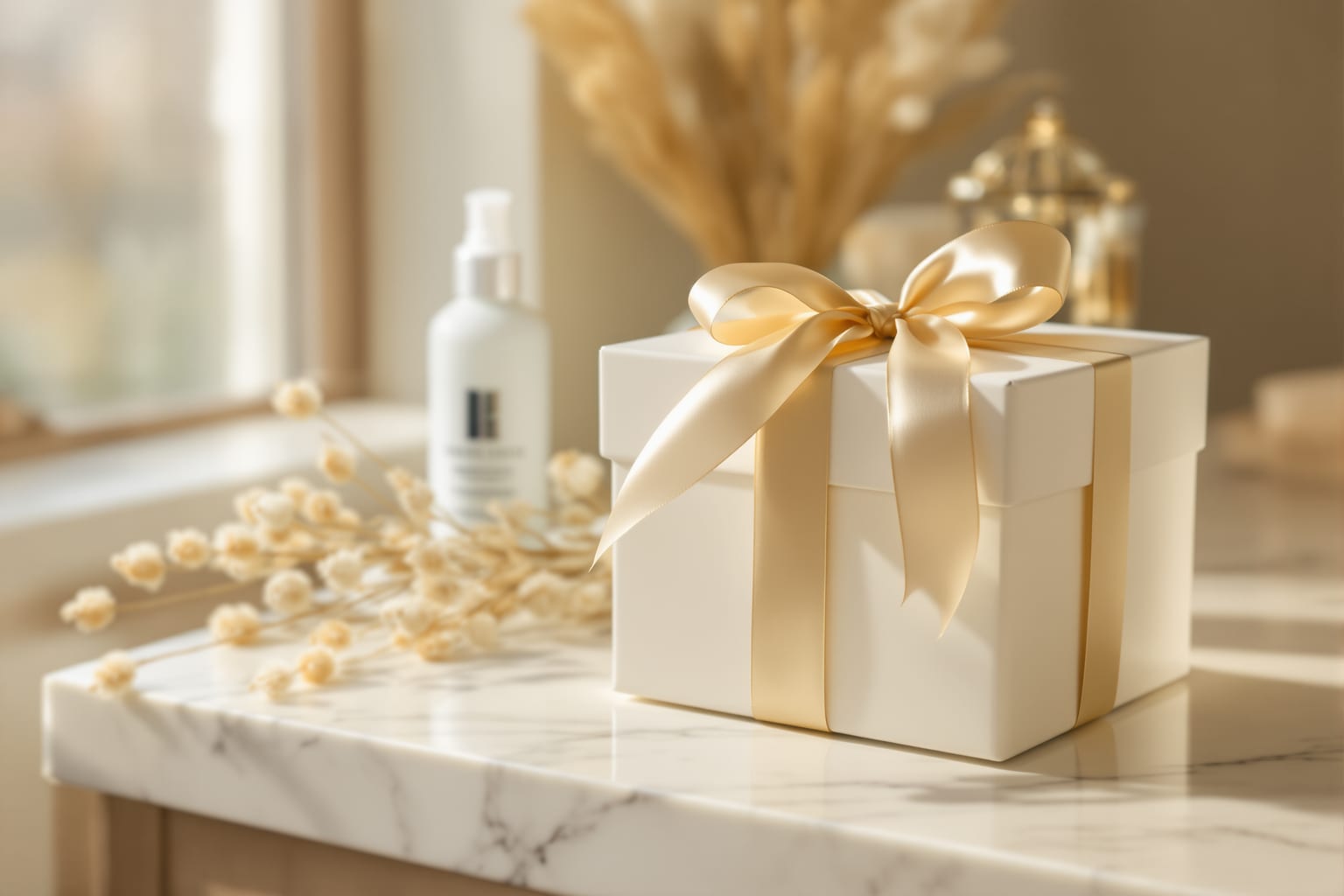 Una caja de regalo crema con lazo dorado sobre mármol junto a un frasco de skincare y flores secas