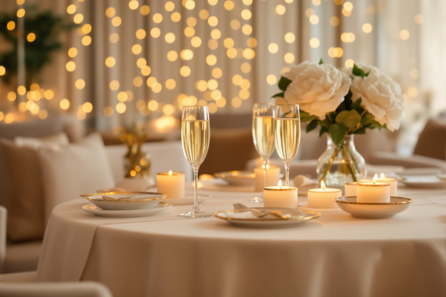 A cream med spa lounge set for an evening event with glassware, candles, and soft gold light