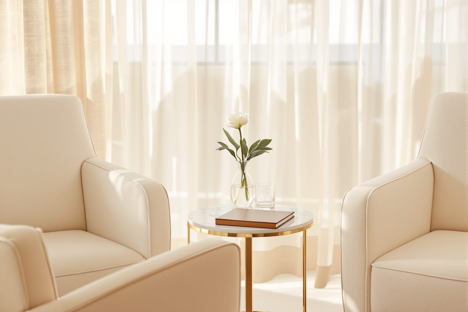 Sillones color crema alrededor de una mesita de mármol y dorado con una flor blanca, en un cuarto de consulta de med spa lleno de luz