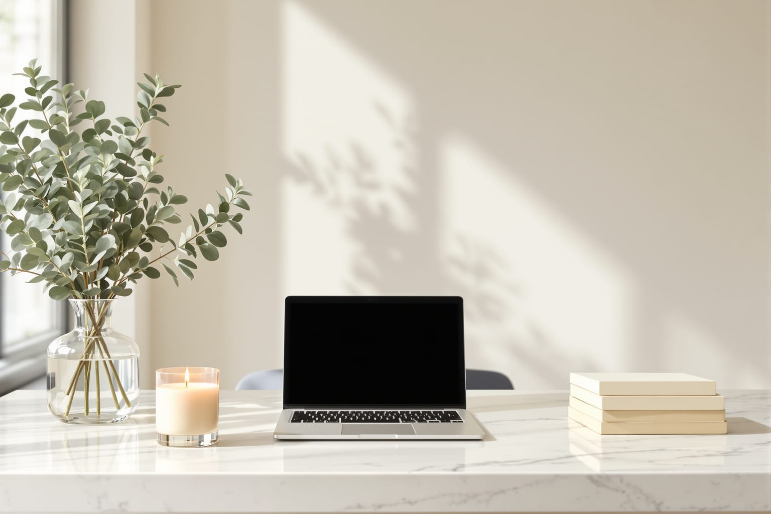 A calm med spa desk with a laptop, a candle, and fresh eucalyptus in soft morning light