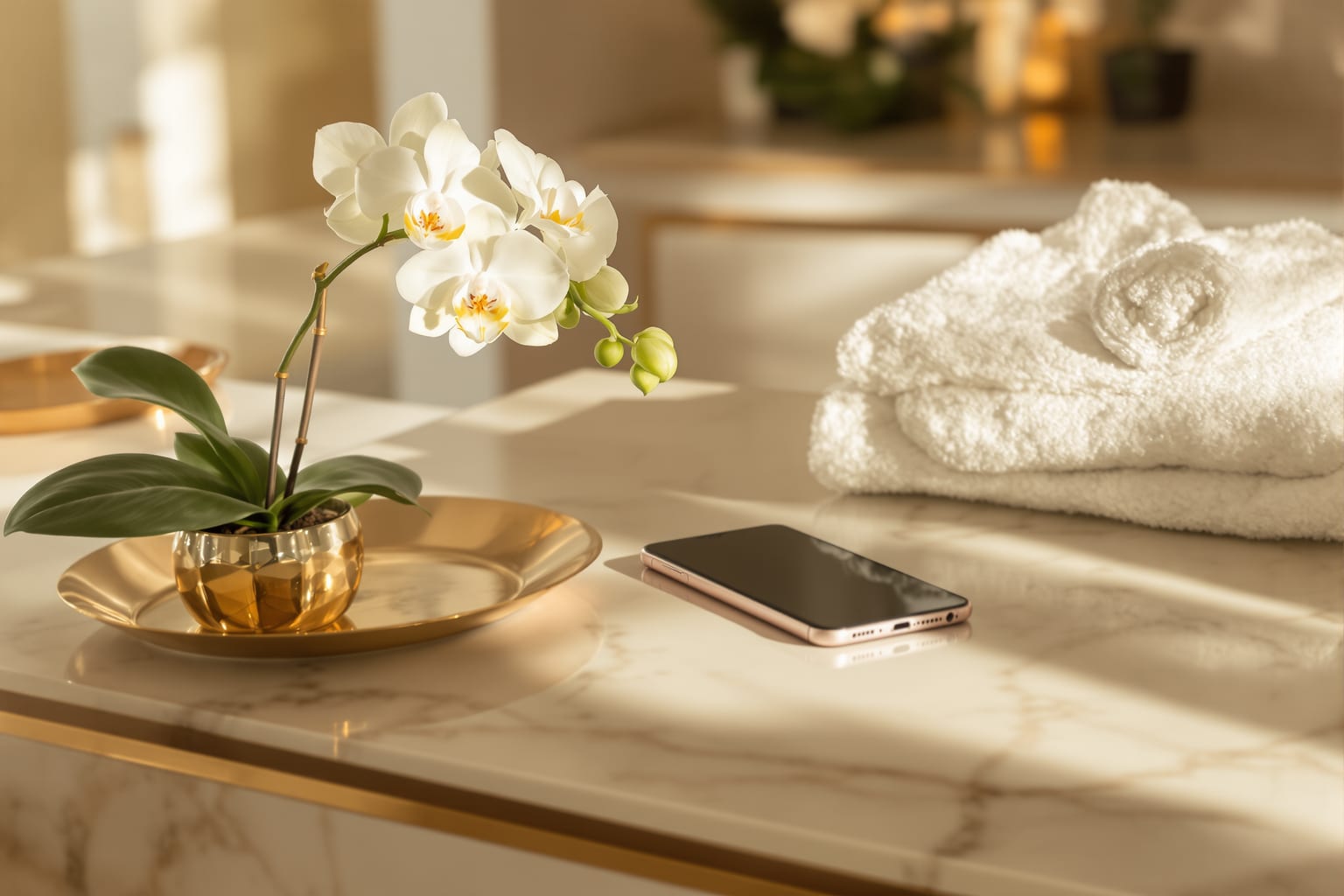 Una recepción tranquila de med spa con un teléfono y una sola orquídea blanca en luz suave