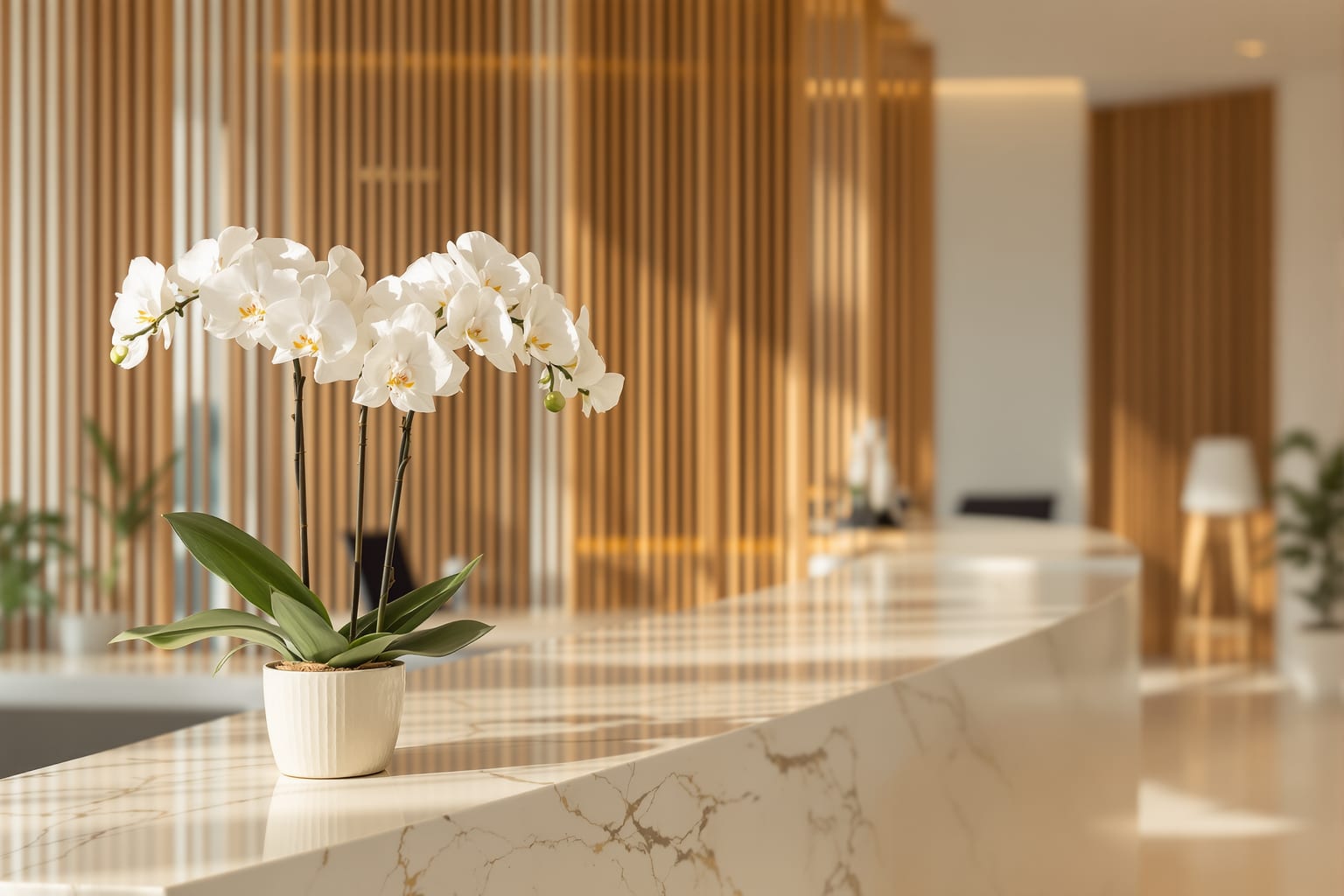Recepción de un med spa moderno con mármol y una orquídea blanca