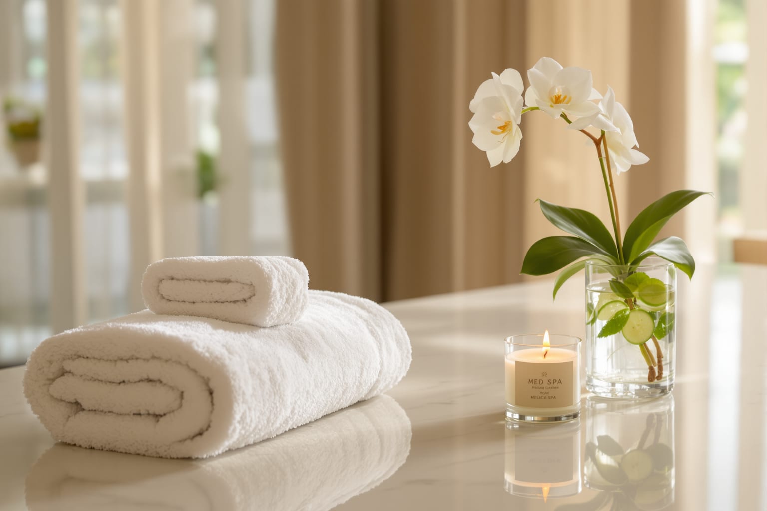 A calm med spa welcome desk with a folded towel, a candle, and a glass of infused water in soft daylight