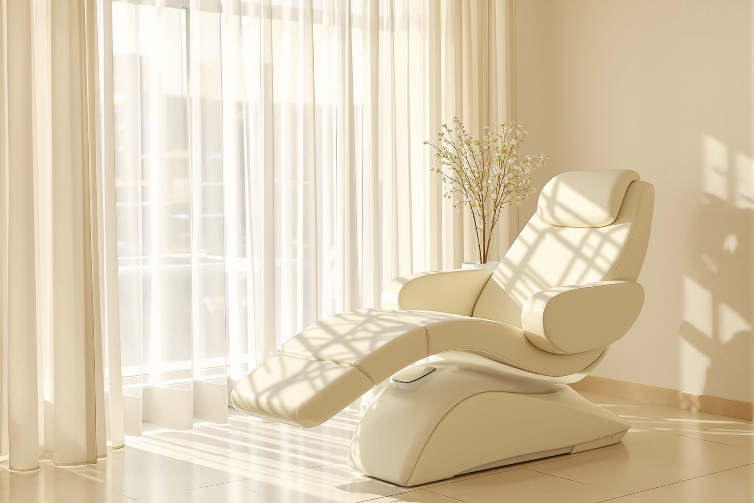 Una silla de tratamiento de med spa vacía junto a una ventana