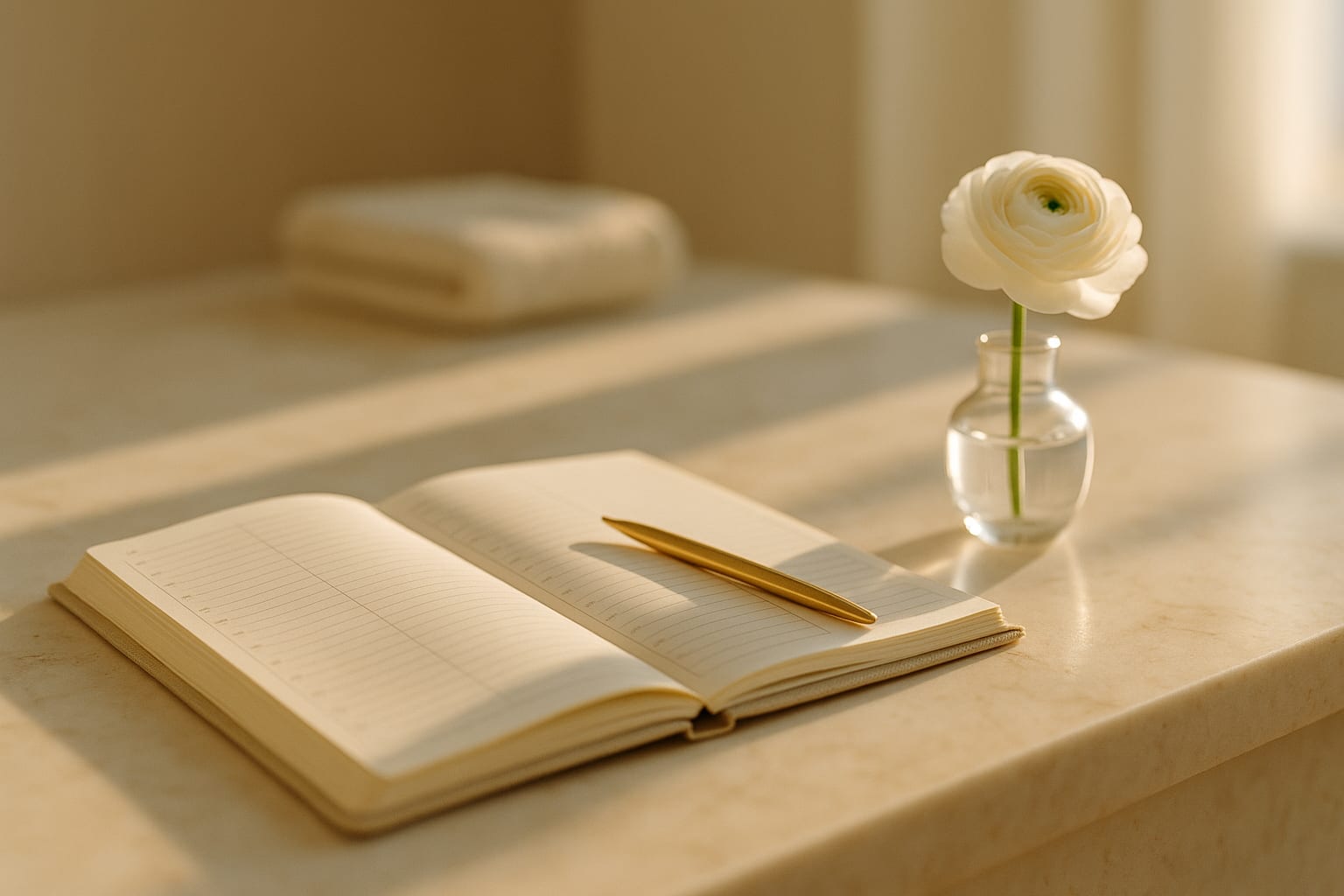 Una recepción de med spa tranquila con una agenda abierta y un pequeño florero