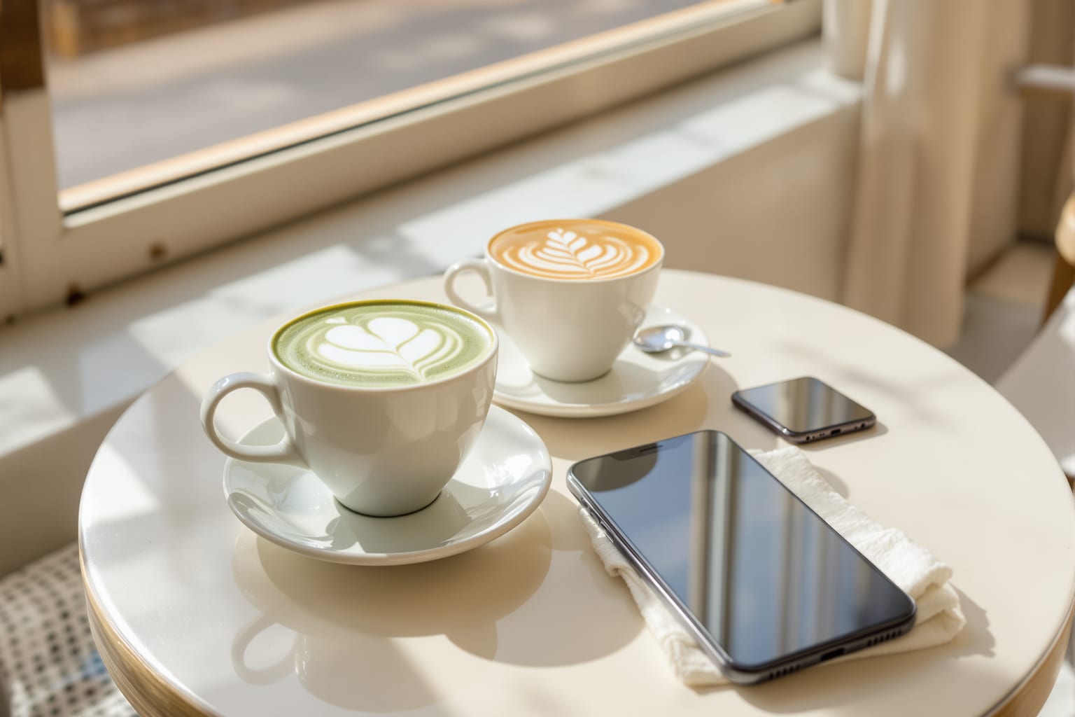 Dos lattes y dos teléfonos en una mesa de café iluminada por el sol