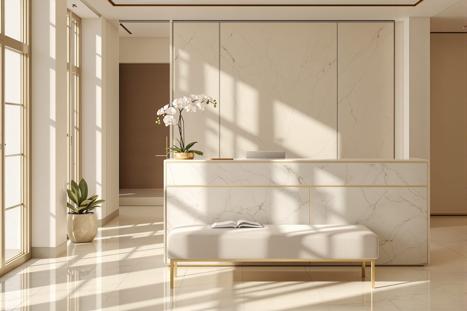 Una recepción de med spa tranquila y luminosa con un mostrador de mármol y una orquídea blanca