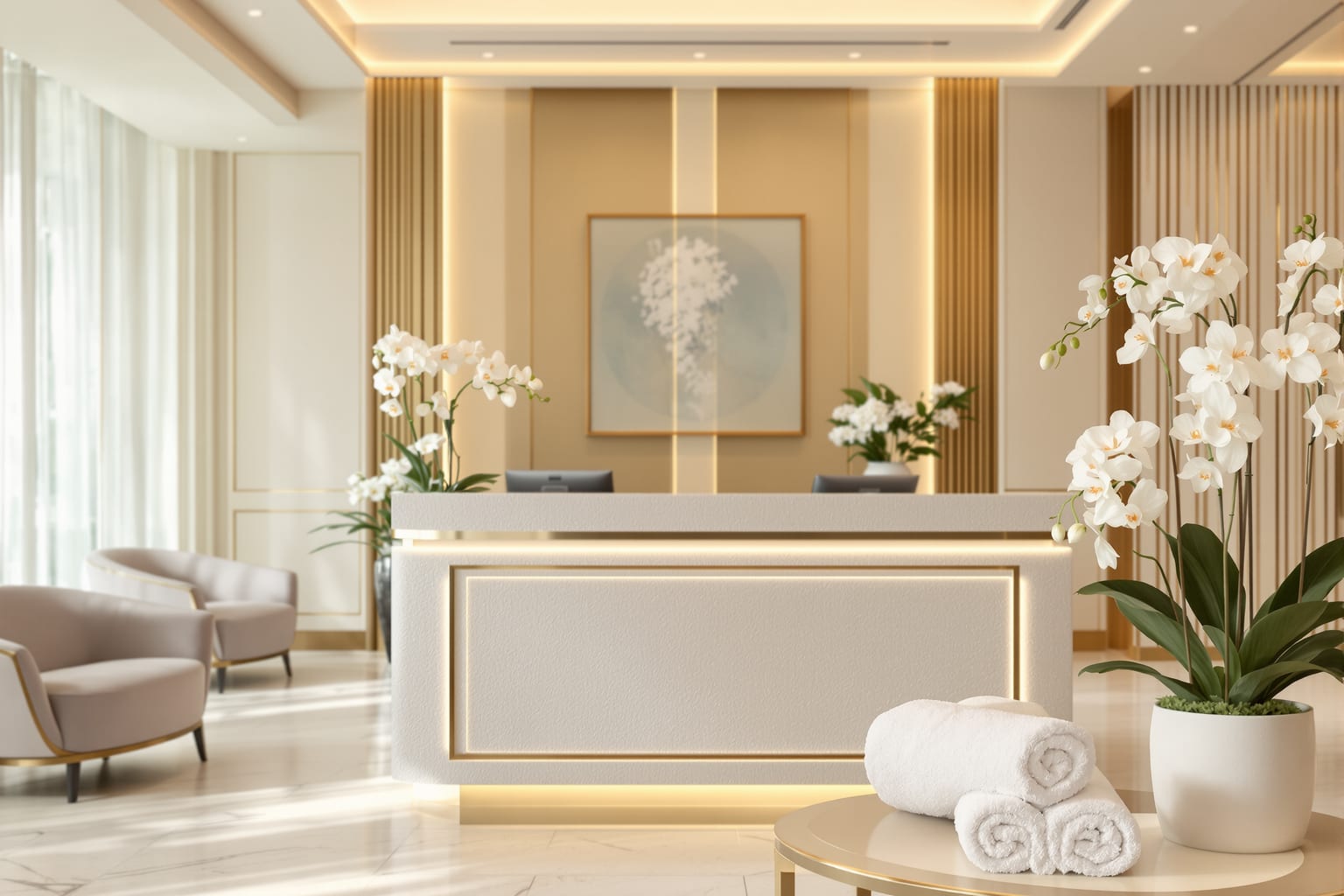 A warm cream and gold medspa reception with white orchids and rolled towels in soft Miami daylight