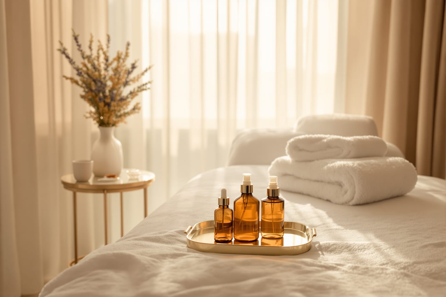 A quiet med spa treatment room with a folded towel and skincare bottles in warm morning light