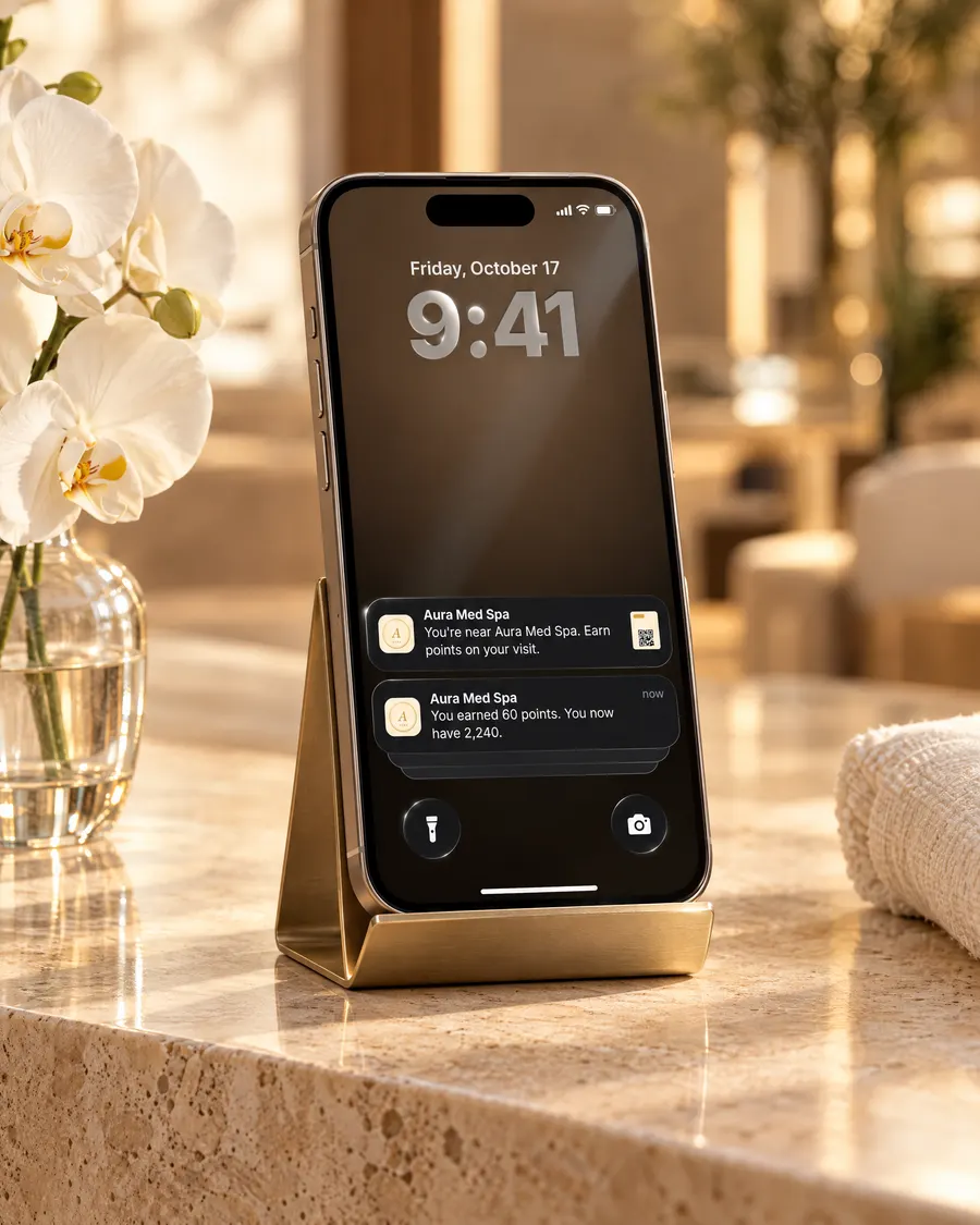 An iPhone lock screen with two notices from a med spa's Apple Wallet card: you're near the spa, and you earned 60 points