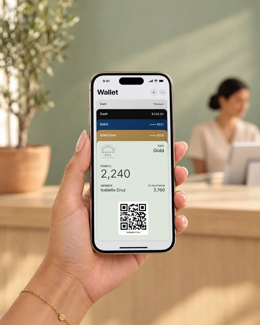 A med spa front desk scanning a client's rewards card